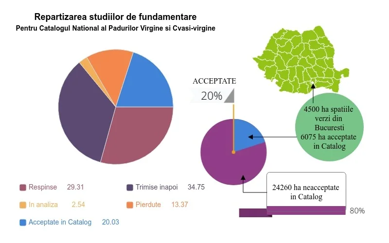 Infografic cu repartizarea studiilor de fundamentare pentru Catalogul Național al Pădurilor Virgine și Cvasi-Virgine