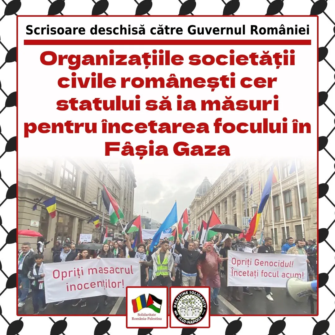 Organizațiile societății civile românești și sute de cetățeni solicită Guvernului României să susțină încetarea focului în Fășia Gaza